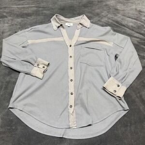 Umgee USA Womens Small Grey Waffle Knit Distressed Button Down Shirt Long Sleeve